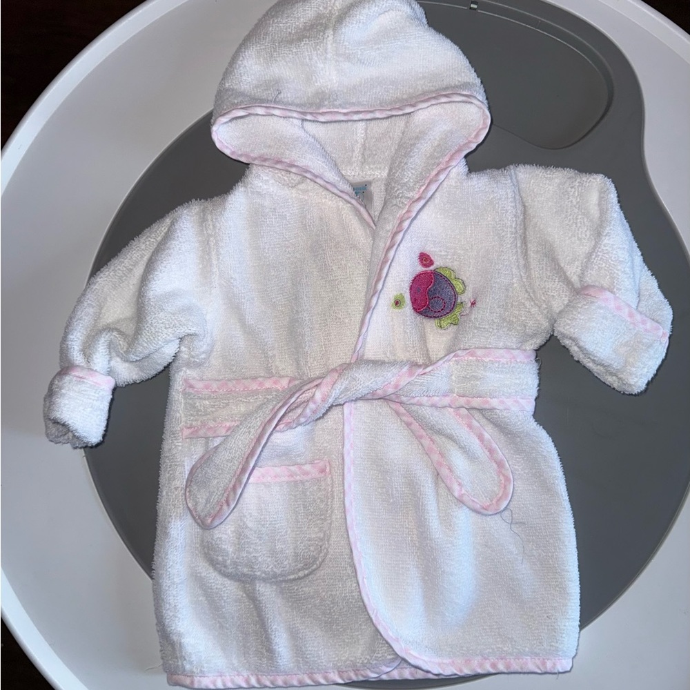 White Hooded Baby Bathrobe with Pink Trim, Fish Appliqué